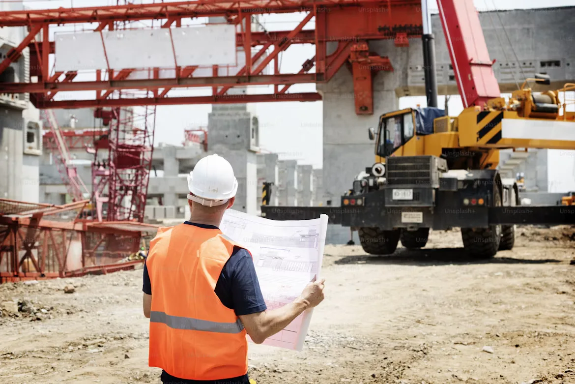 Professionnel du BTP avec un plan devant une grue sur un chantier de construction